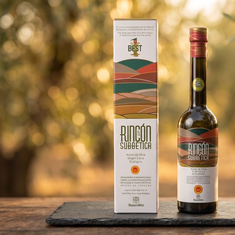 Botella y estuche del aceite de oliva virgen extra Rincón de la Subbética