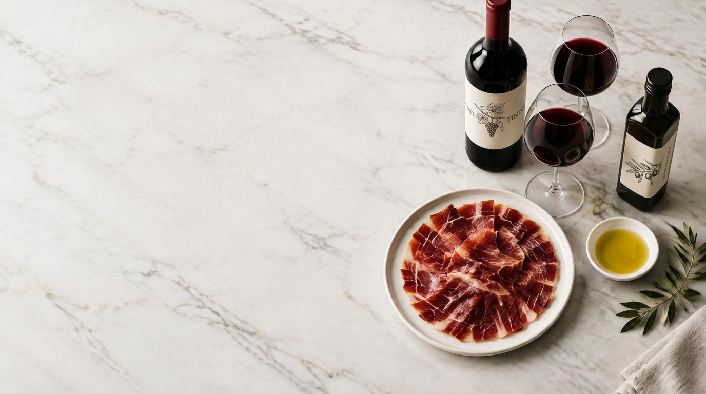 Bodegón sobre encimera de mármol blanco con vino tinto, dos copas, jamón ibérico y aceite de oliva en botellas de etiquetas ilustradas