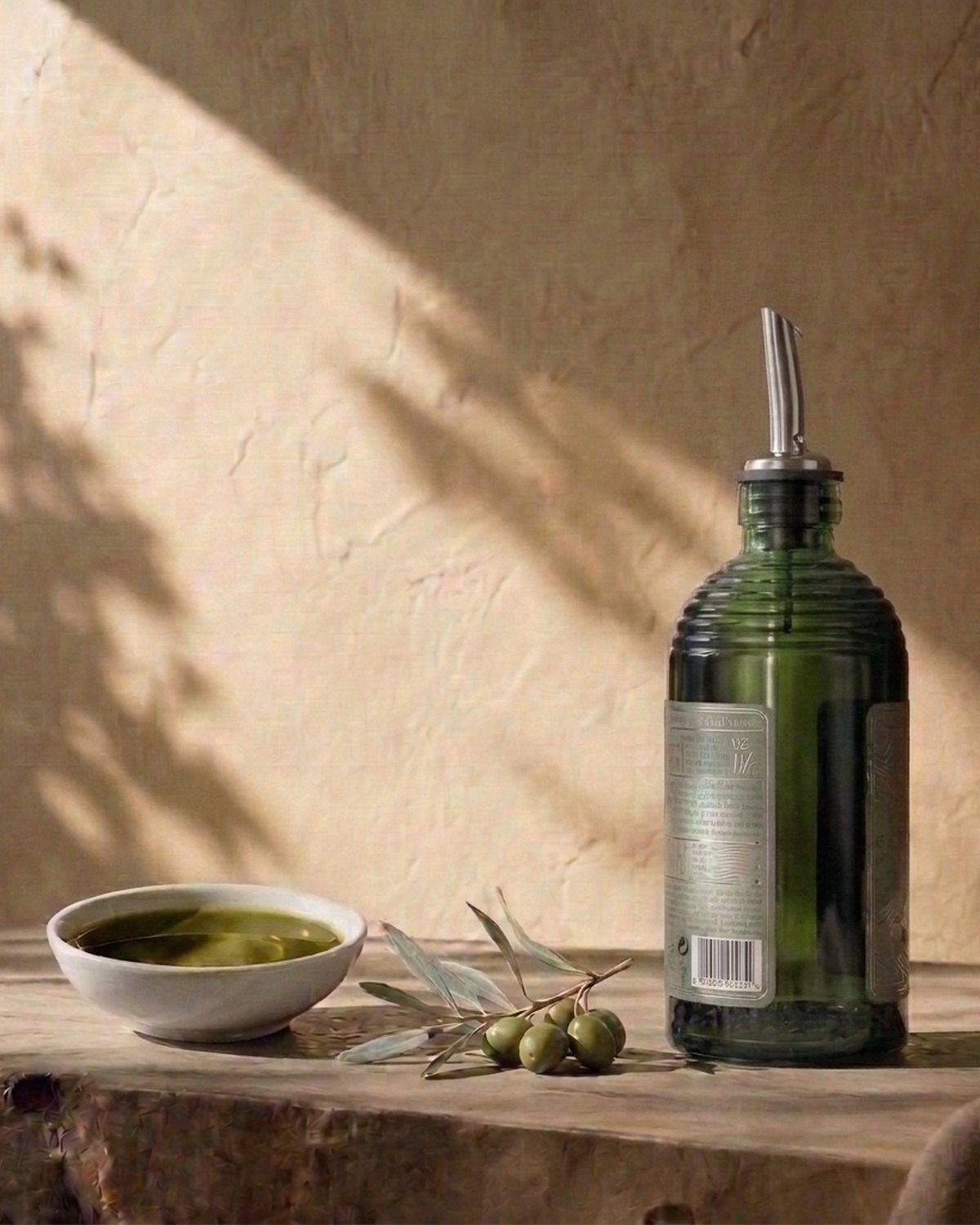 Botella de aceite de oliva virgen extra con vertedor, cuenco de aceite y rama de olivo con aceitunas